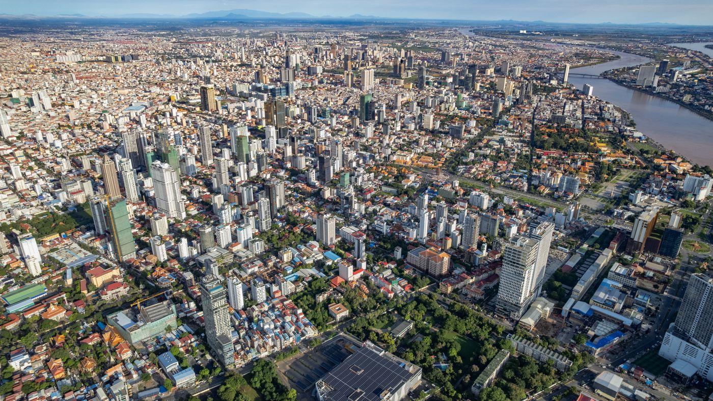An aerial view of Phnom Penh showing the city and the riverfront